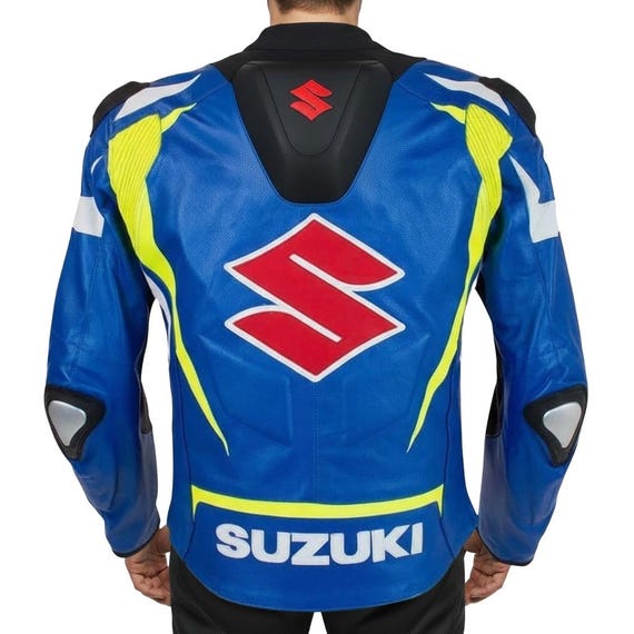 スズキ ブルー バイク用レザージャケット – CE保護機能搭載の丈夫な