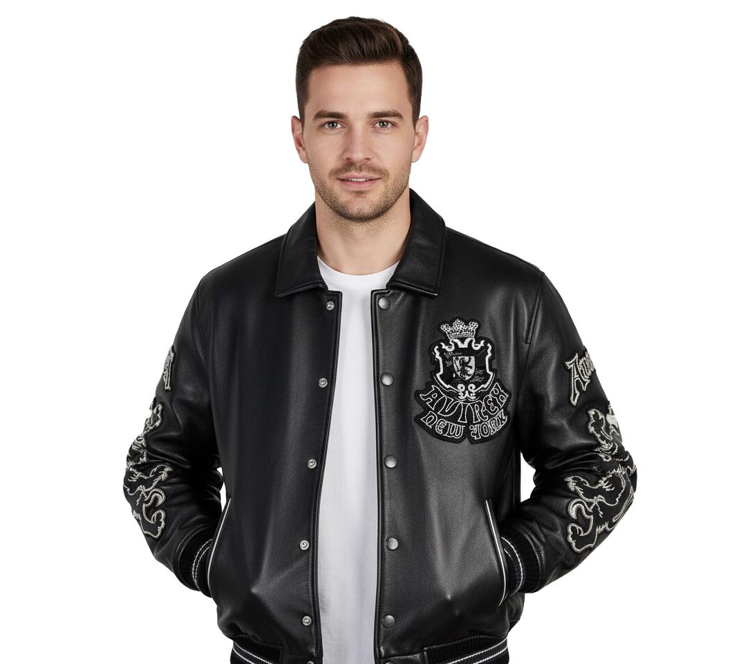 Avirex Black Lion Embroidered Jacket – Polyester and Leather