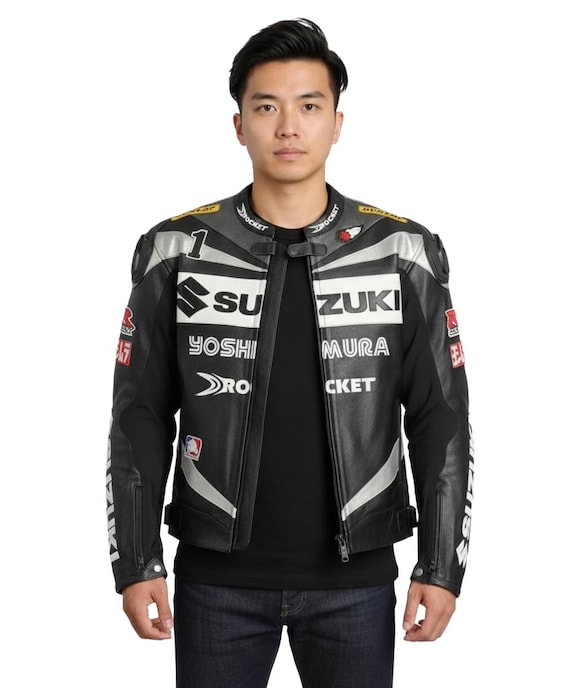 Black Yoshimura Suzuki Racing Leather Jacket – CE Approved Biker