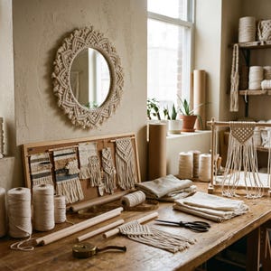 May include: A workshop scene featuring macrame art supplies. An oval mirror with a macrame frame hangs on the wall. A corkboard displays various macrame samples. Spools of natural-colored cord, wooden dowels, and scissors are on a wooden table.