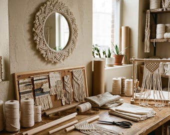 Macrame Wall Mirror, Round Boho Starburst Mandala, Cream Cotton Fringe Fiber Art