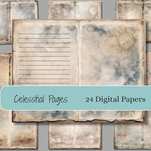 May include: A collection of digital papers with a celestial theme. The papers have a vintage, aged appearance with illustrations of the sun, stars, and clouds. The text "Celestial Pages 24 Digital Papers" is displayed on a teal background.