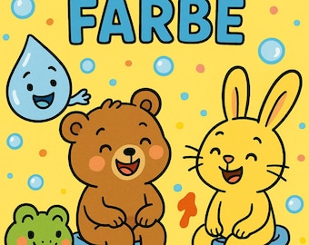 May include: A children's illustration with the text "PIPI, KAKA UND GANZ VIEL FARBE". It features a smiling brown bear, a yellow rabbit, and a green frog, each sitting on a blue potty. Colorful paint splatters and bubbles decorate the yellow background.