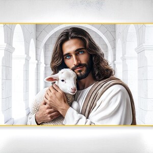 May include: A digital illustration depicts a person with long brown hair and blue eyes, holding a white lamb. The person wears a white robe and a tan shawl. The background features white arches and columns, creating a sense of serenity.