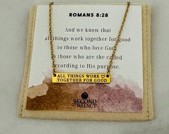 Romans 8:28 Bar Necklace – Engraved Christian Jewelry, Faith Gift  "All things work together for good"