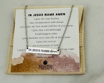 Engraved Bar Necklace, "In Jesus Name Amen", Christian Faith Jewelry with Prayer