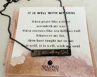 It Is Well With My Soul" Christian Faith Jewelry : Engraved Bar Necklace with Hymn song