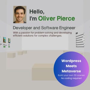 Puede incluir: Diseño web con un retrato de Oliver Pierce sonriendo. El texto dice: "Hola, soy Oliver Pierce, desarrollador e ingeniero de software". Un círculo azul y morado indica "Wordpress Meets Metaverse".