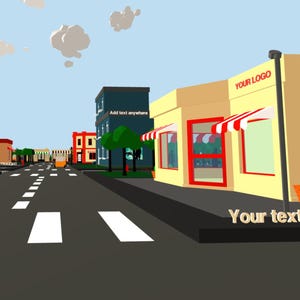 K&ouml;nnte beinhalten: Eine Low-Poly-Illustration einer Stadtstra&szlig;enszene. Geb&auml;ude in verschiedenen Farben s&auml;umen die Stra&szlig;e, darunter ein gelbes Gesch&auml;ft mit einer rot-wei&szlig; gestreiften Markise. Der Text "YOUR LOGO" befindet sich &uuml;ber dem Gesch&auml;ft. Der Text "Your text here" steht darunter.