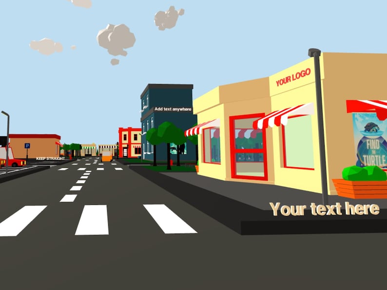 K&ouml;nnte beinhalten: Eine Low-Poly-Illustration einer Stadtstra&szlig;enszene. Geb&auml;ude in verschiedenen Farben s&auml;umen die Stra&szlig;e, darunter ein gelbes Gesch&auml;ft mit einer rot-wei&szlig; gestreiften Markise. Der Text "YOUR LOGO" befindet sich &uuml;ber dem Gesch&auml;ft. Der Text "Your text here" steht darunter.