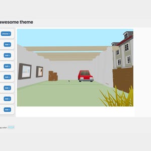 K&ouml;nnte beinhalten: Digitale Benutzeroberfl&auml;che mit dem Text "Create your awesome theme". Die Szene zeigt ein rotes Auto, Kunstwerke und ein Geb&auml;ude. Die Oberfl&auml;che bietet Optionen zum Hinzuf&uuml;gen von Modellen, W&uuml;rfeln, Kugeln und mehr. Der Boden ist gr&uuml;n und der Himmel hellblau.