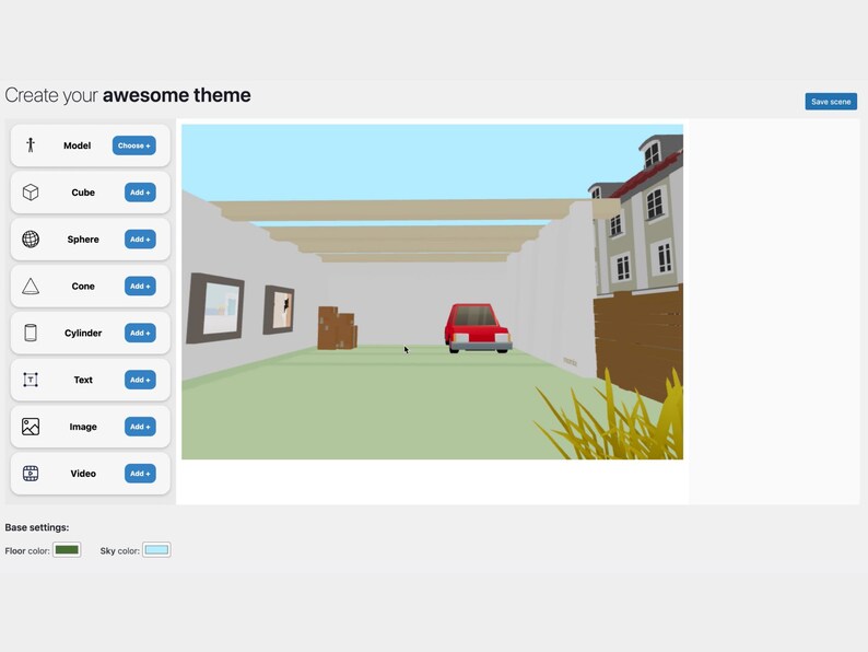 K&ouml;nnte beinhalten: Digitale Benutzeroberfl&auml;che mit dem Text "Create your awesome theme". Die Szene zeigt ein rotes Auto, Kunstwerke und ein Geb&auml;ude. Die Oberfl&auml;che bietet Optionen zum Hinzuf&uuml;gen von Modellen, W&uuml;rfeln, Kugeln und mehr. Der Boden ist gr&uuml;n und der Himmel hellblau.