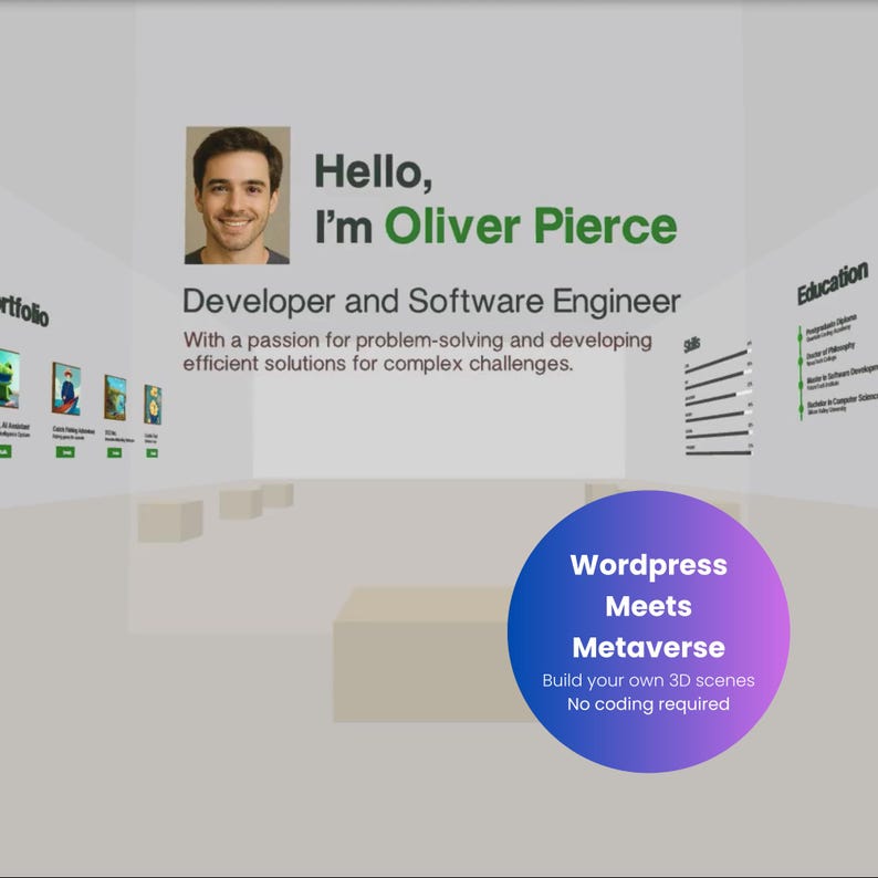 K&ouml;nnte beinhalten: Webdesign mit einem Portr&auml;t von Oliver Pierce, der l&auml;chelt. Der Text lautet: &bdquo;Hallo, ich bin Oliver Pierce, Entwickler und Software-Ingenieur&ldquo;. Ein blauer und violetter Kreis zeigt &bdquo;Wordpress Meets Metaverse&ldquo;.