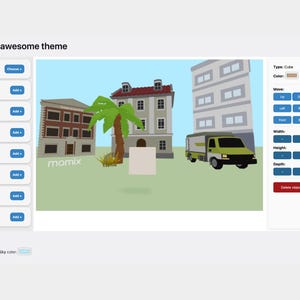 K&ouml;nnte beinhalten: Digitale Benutzeroberfl&auml;che mit dem Text &bdquo;Erstelle dein tolles Thema&ldquo;. Die Szene zeigt ein 3D-Rendering von Geb&auml;uden, einer Palme und einem Lieferwagen. Die Oberfl&auml;che enth&auml;lt Optionen zum Hinzuf&uuml;gen von Modellen, W&uuml;rfeln, Kugeln und anderen Formen.