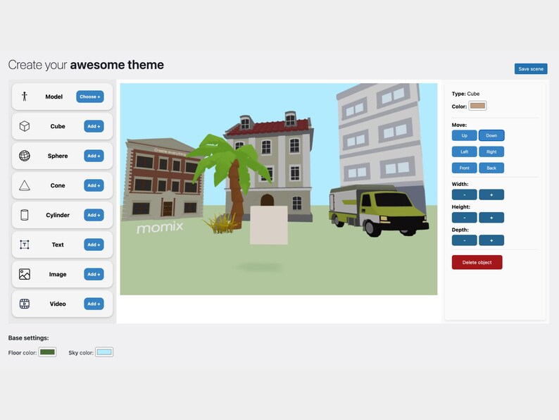 K&ouml;nnte beinhalten: Digitale Benutzeroberfl&auml;che mit dem Text &bdquo;Erstelle dein tolles Thema&ldquo;. Die Szene zeigt ein 3D-Rendering von Geb&auml;uden, einer Palme und einem Lieferwagen. Die Oberfl&auml;che enth&auml;lt Optionen zum Hinzuf&uuml;gen von Modellen, W&uuml;rfeln, Kugeln und anderen Formen.