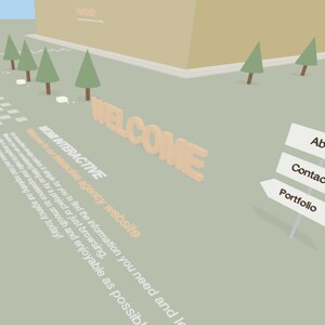 K&ouml;nnte beinhalten: Digitale Illustration einer Website-Oberfl&auml;che mit einer Willkommensbotschaft. Die Szene umfasst einen Pfad, B&auml;ume und Richtungsschilder. Der Text enth&auml;lt "WELCOME", "About", "Contacts" und "Portfolio".