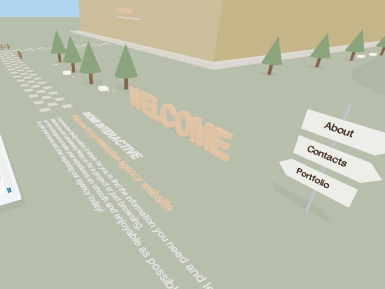 K&ouml;nnte beinhalten: Digitale Illustration einer Website-Oberfl&auml;che mit einer Willkommensbotschaft. Die Szene umfasst einen Pfad, B&auml;ume und Richtungsschilder. Der Text enth&auml;lt "WELCOME", "About", "Contacts" und "Portfolio".