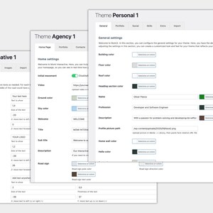 K&ouml;nnte beinhalten: Screenshots von Website-Theme-Einstellungen. Die Themes sind mit "Theme Creative 1", "Theme Agency 1" und "Theme Personal 1" gekennzeichnet. Jedes Theme verf&uuml;gt &uuml;ber verschiedene Einstellungen zur Anpassung, einschlie&szlig;lich Text, Bilder und allgemeine Einstellungen.