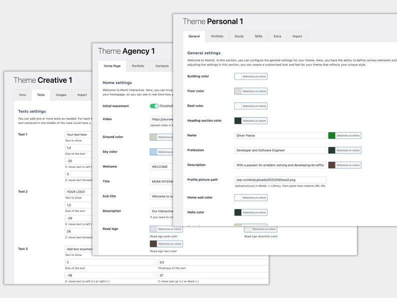 K&ouml;nnte beinhalten: Screenshots von Website-Theme-Einstellungen. Die Themes sind mit "Theme Creative 1", "Theme Agency 1" und "Theme Personal 1" gekennzeichnet. Jedes Theme verf&uuml;gt &uuml;ber verschiedene Einstellungen zur Anpassung, einschlie&szlig;lich Text, Bilder und allgemeine Einstellungen.