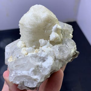 Pode incluir: Um espécime mineral bruto com um grande grupo de cristais centrais opacos de cor branco-sujo, rodeado por cristais mais pequenos, translúcidos e claros, com finas inclusões escuras em forma de agulha na base.