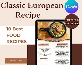 May include: A digital cookbook page with a recipe for Duck Confit. The recipe includes ingredients and preparation steps. The image features a pan of cooked duck legs with beans. Text includes "Classic European Recipe" and "10 Best Food Recipes."