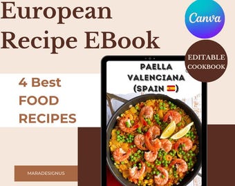 Pode incluir: Capa de livro de receitas digital com o texto "European Recipe EBook" e "4 Best Food Recipes". A imagem apresenta um tablet exibindo Paella Valenciana, um prato espanhol com camarão e ervilhas. O logotipo da Canva é visível.
