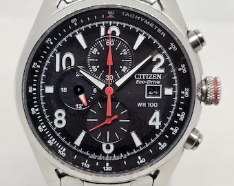 Citizen Eco-Drive Chandler Chronograph Watch | Black Dial, Red Accents, Stainless Steel | B612-S097899 Solar Quartz