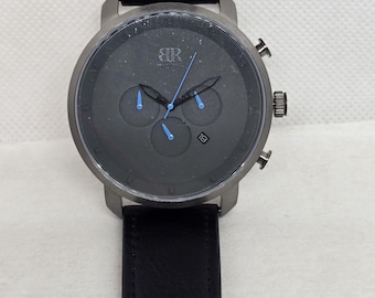 Authentic Bruder Chronograph Watch – Gunmetal Dial with Blue Accents & Black Leather Strap (Like New)