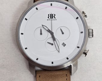 Authentic Bruder Chronograph Watch – White Dial & Tan Leather Strap (Fortis Range Style)