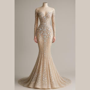 Champagne mermaid wedding dress with sleeve, Bridal gown off shoulder sleeves, luxury formal dress
