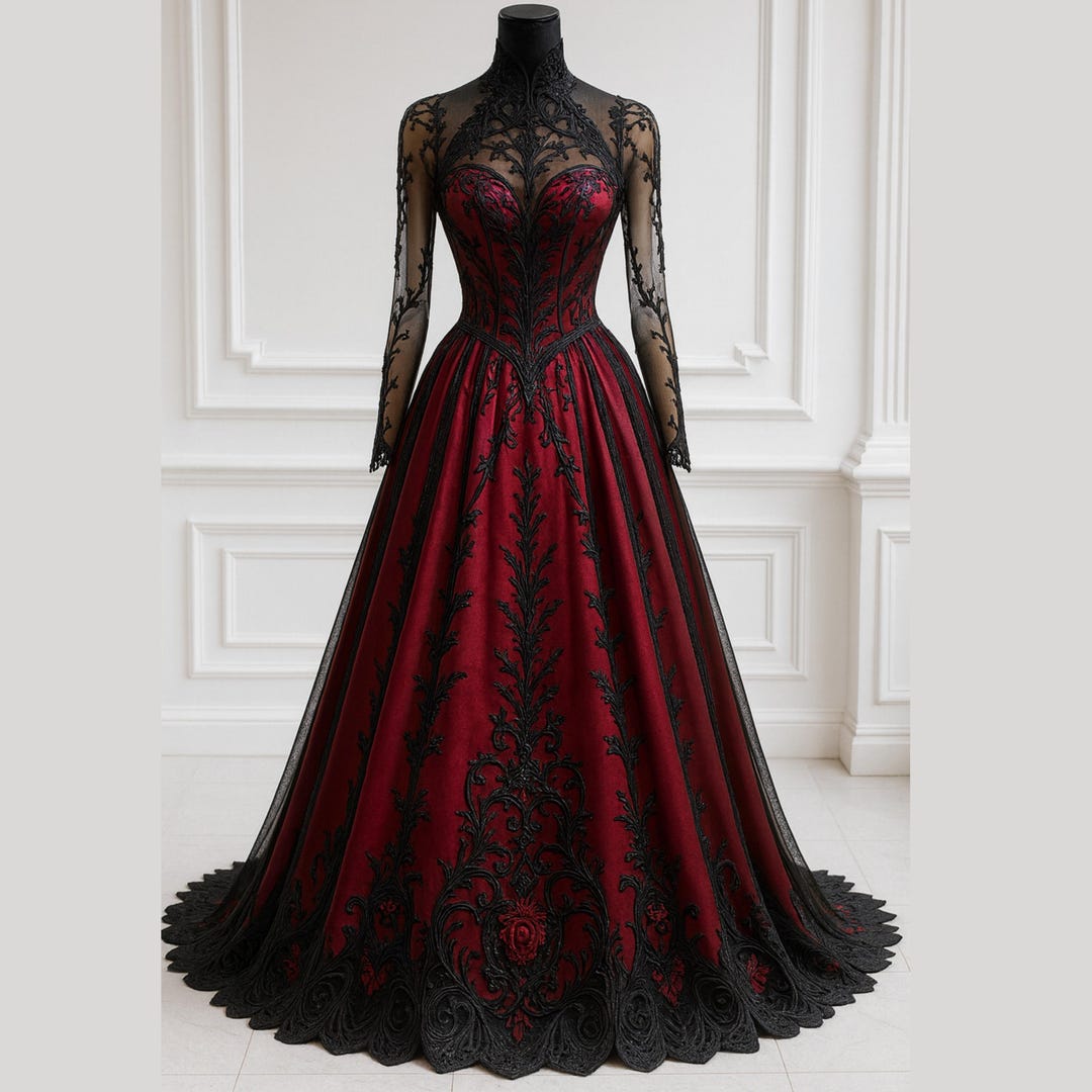 red black and white wedding dresses Gothic Black Lace Wedding Dress with Red Lining BLAIR – ieie main image 1
