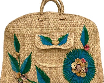 Vintage 1960s Woven Straw & Raffia Floral Tote Bag - Etsy