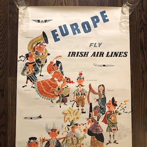 Original Vintage Fly Irish Airlines Europe Poster Piet Sluis Ireland Travel Ephemera 1958