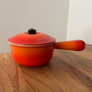 Vintage LE CREUSET French Cookware Flame #14 Enamelware Sauce Pan w Lid