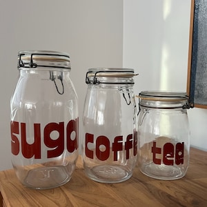 Vintage 1970s French TRIOMPHE Sugar Coffee Tea Glass Kitchen Canister Jars