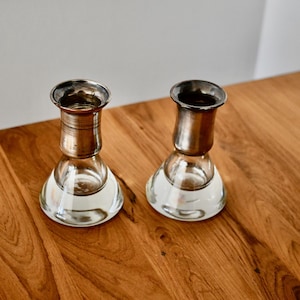 Antique Silver Banded Glass Pair of Vintage Candlestick Holders Bud Vases