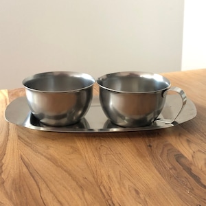 Vintage Stainless Steel Sugar and Creamer Set with Tray Denmark New Old Stock Modernist