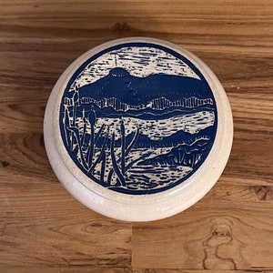Vintage Sylvia Lawson Ceramic Decorative Box w Lid Waterfront Cattails Mountains