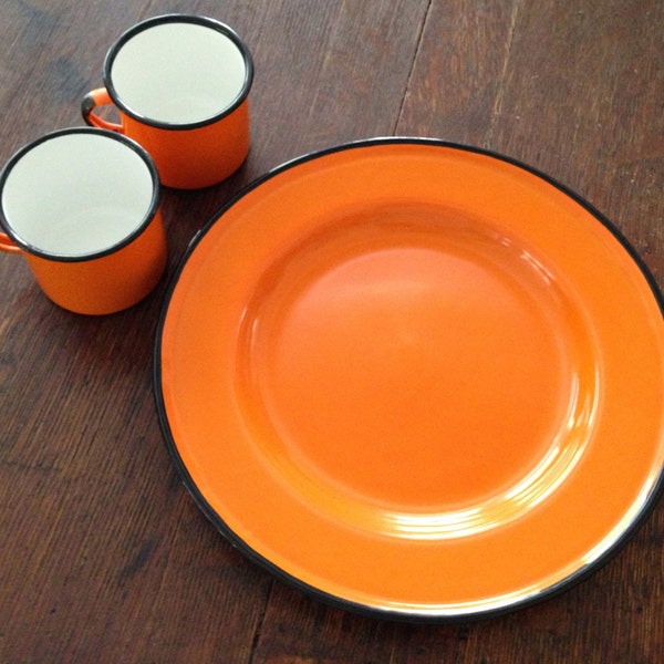 Orange Enamelware Plates & Mugs Log Cabin Camping Picnic 1950s