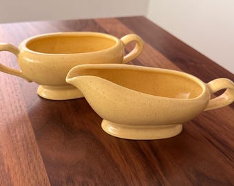 Mid Century CALIFORNIA MODERN Santa Anita Ware Canary Specks Ceramic Sugar Bowl & Creamer