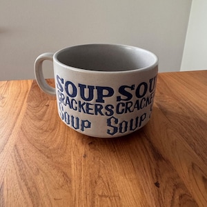 Vintage Blue Stoneware Oversized SOUP & CRACKERS Mug Handled Bowl