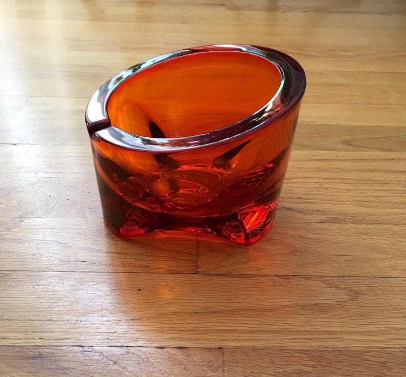 Angular VIKING Orange Mid Century Eames Era Vintage Heavy Glass Glam Ashtray Orb Footed Art