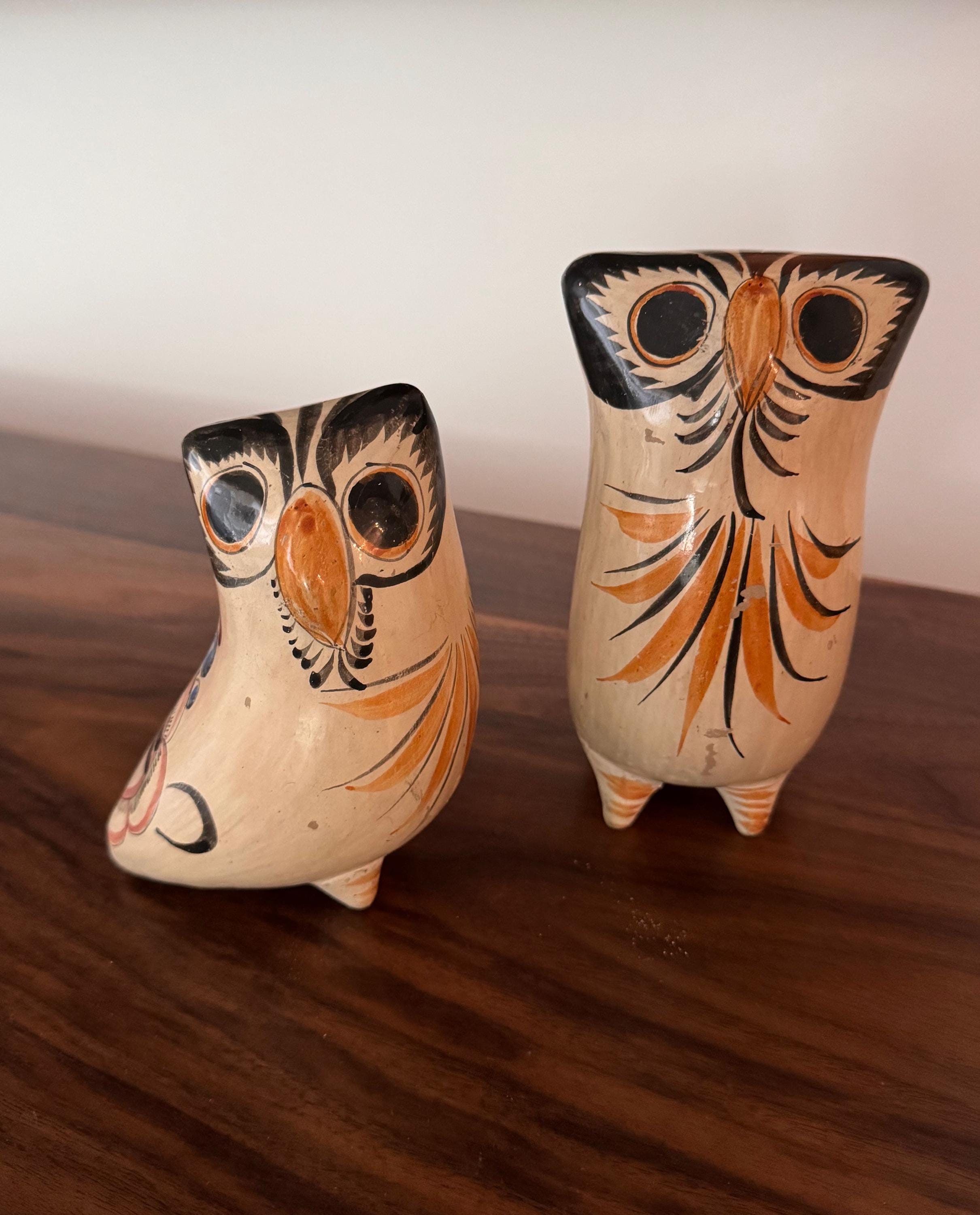Vintage TONALA Mexican Art Pottery OWLS Pair