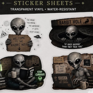 Grey Alien Sticker Sheet | Rabbit Hole Vinyl Stickers | UFO Conspiracy | Die Cut Decals | Area 51 | Laptop Water Bottle