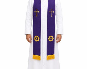 Purple Priest Stole – Lent Advent Clergy Vestment with Gold Cross Thorns Embroidery