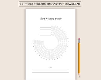 May include: A white printable plant watering tracker with a circular design and lines for notes. The text at the top reads "MONTHLY PLANT WATERING TRACKER" and "5 DIFFERENT COLORS | INSTANT PDF DOWNLOAD". A yellow pencil is placed on the right side.
