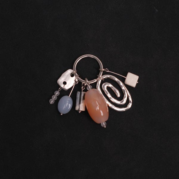 Minimalist Semi-precious Gemstone Talisman Bag Charm Keychain with Sculptural Metal Accents - 487