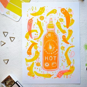 HOT Sauce Sriracha Mayo Fluorescent A4 Risograph Print