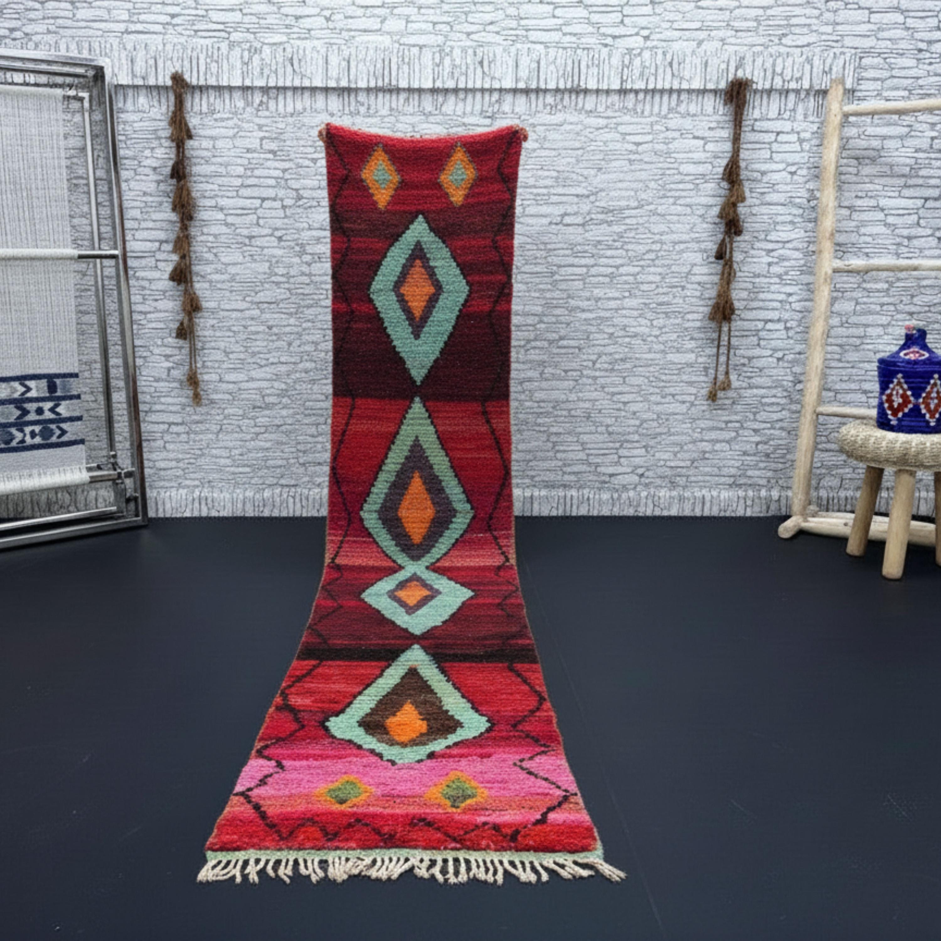 Pink Berber Runner Rug – Handwoven Moroccan Hallway Runner – Custom Beni Ourain Wool Rug – Colorful Geometric Azilal Carpet – Boho Runner
