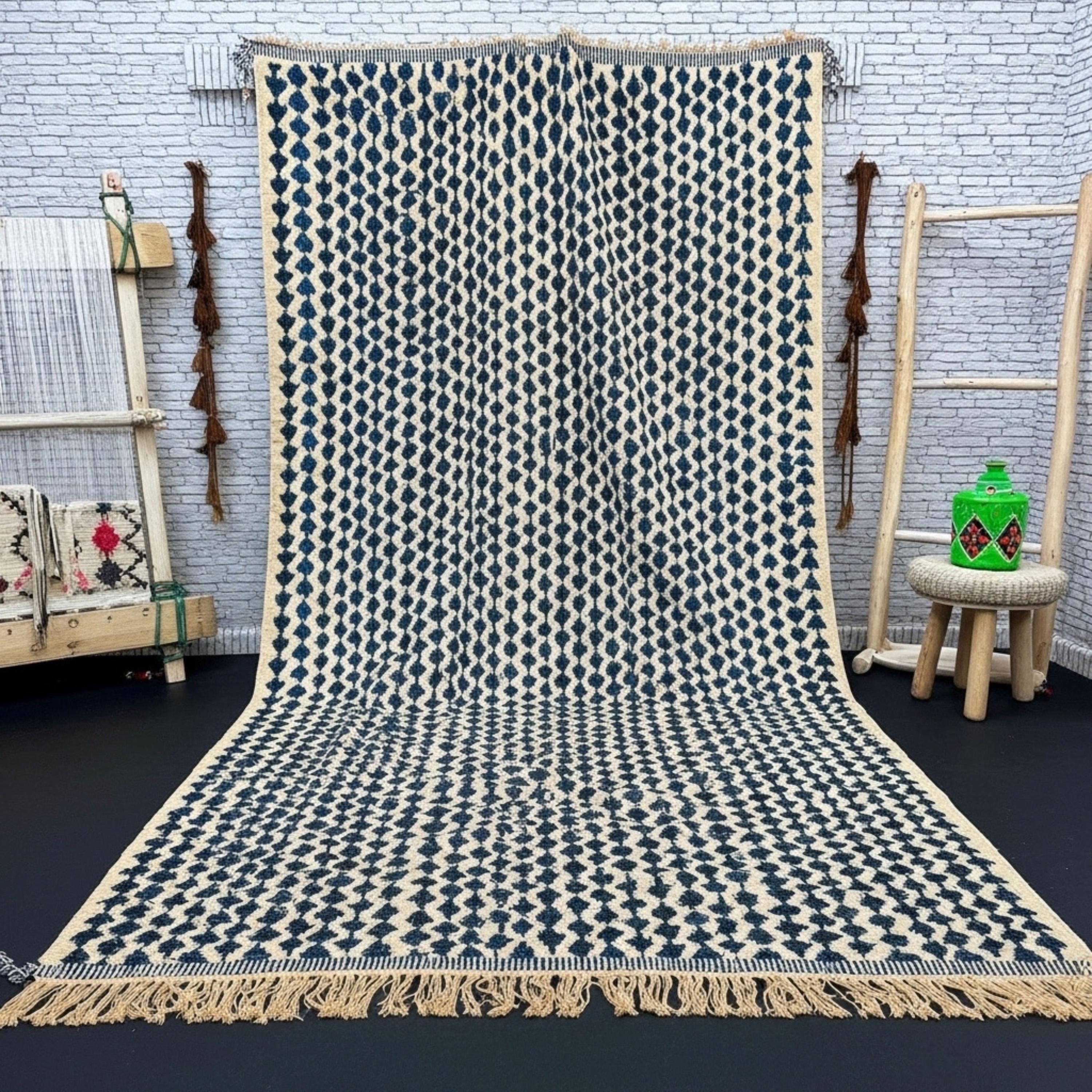 Handcrafted Moroccan Wool Rug in Deep Blue with Geometric Motifs and Fringe Edges – Modern Bohemian Design – Unique Artisan Wool Home Accent